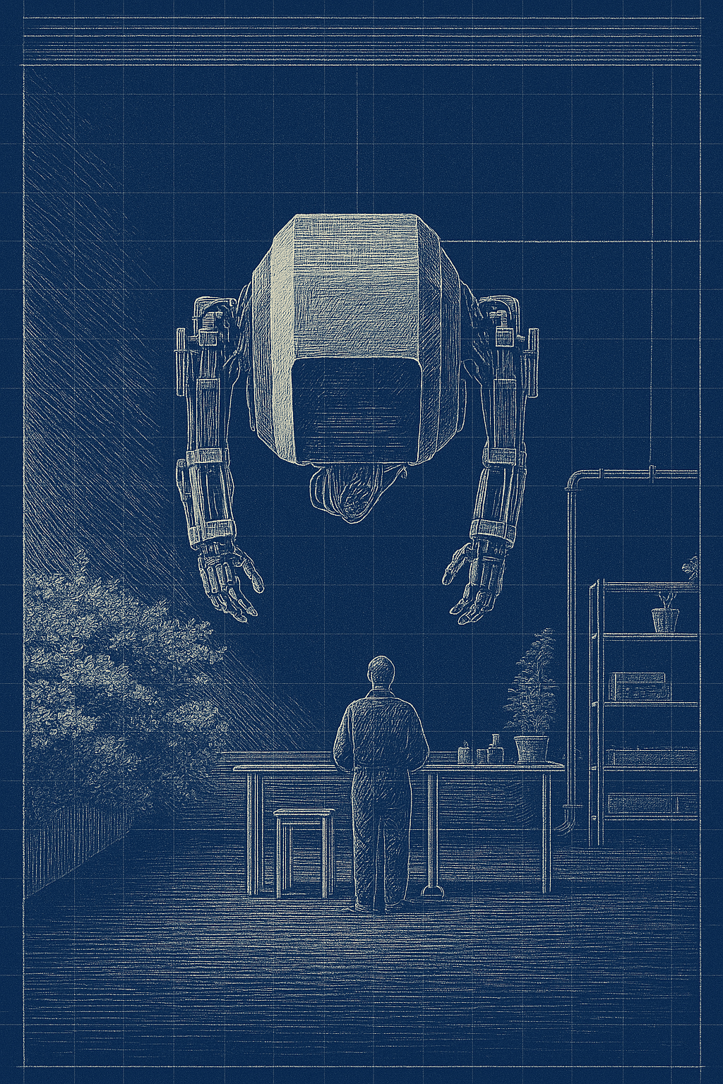 A huge robot torso hanging over a person working alone at a small desk.
