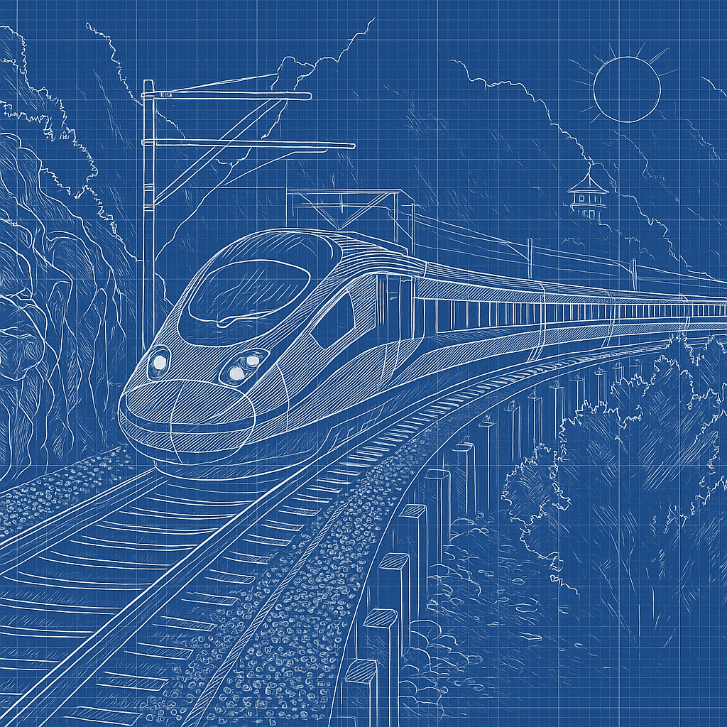 A high-speed train rounding a curved viaduct through wooded hills.