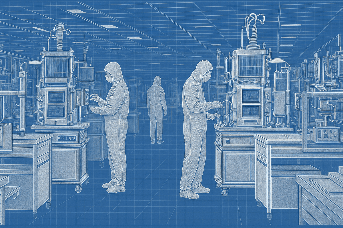 Technicians in full cleanroom suits working at rows of laboratory equipment.
