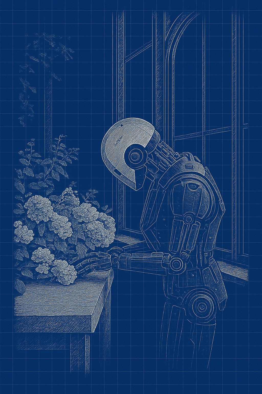 A humanoid robot leaning over a windowsill to smell a pot of hydrangeas.