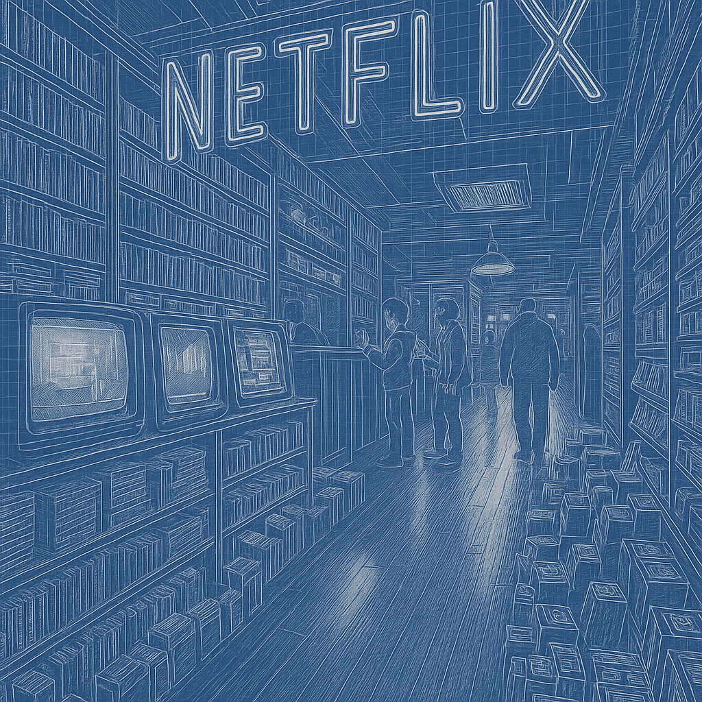 Customers browsing the aisles of a video rental store under a large "NETFLIX" sign.
