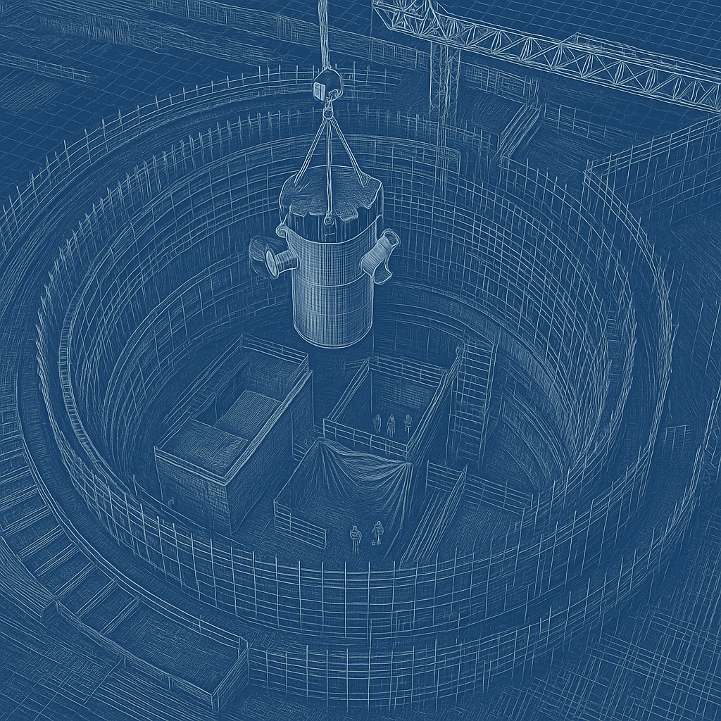 A reactor module being lowered by crane into a circular containment pit, with workers alongside for scale.
