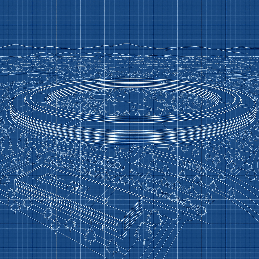 Apple Park's ring-shaped campus seen from above, surrounded by trees and low hills.
