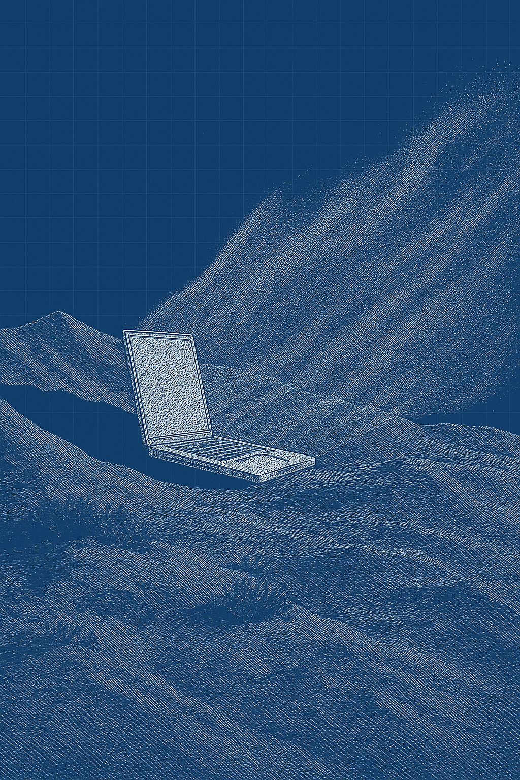 An open laptop standing alone on a windswept sand dune.