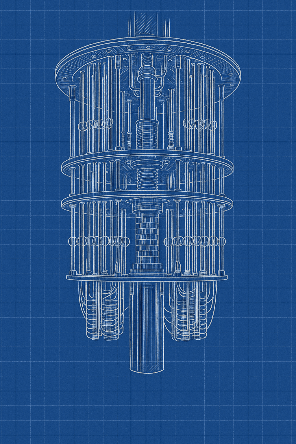 The tiered cooling assembly of a quantum computer, suspended from its mount.