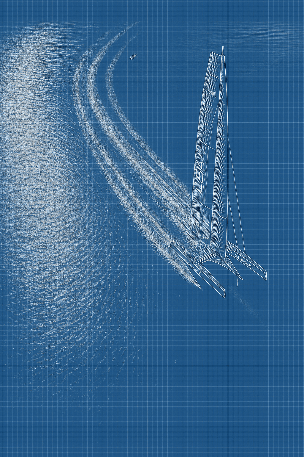A racing catamaran cutting a wide curved wake across open water, seen from above.