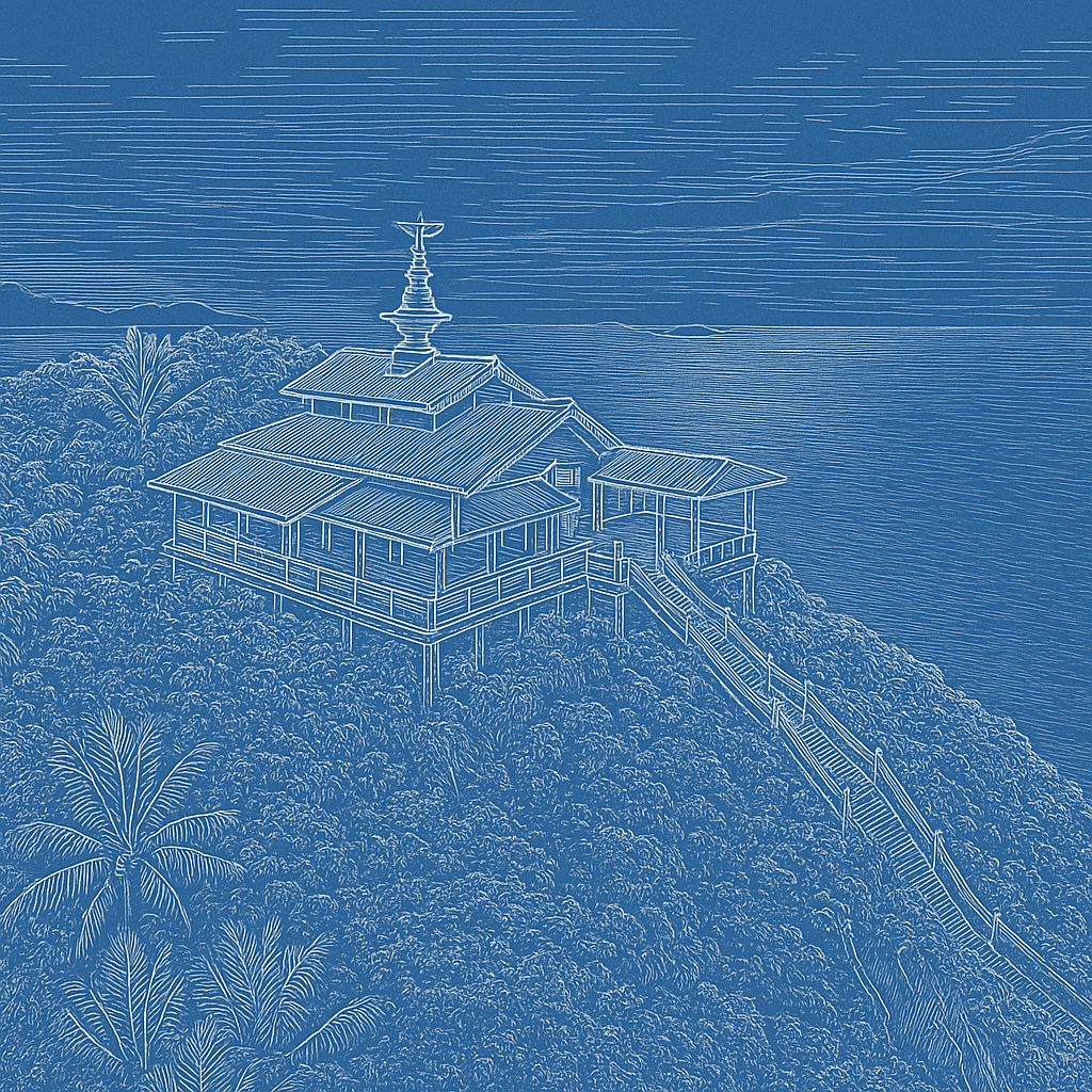 A tiered pavilion on a jungle headland, with steps leading down to the sea.