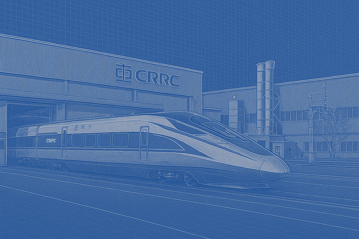 A high-speed train standing outside a factory hall marked "CRRC".