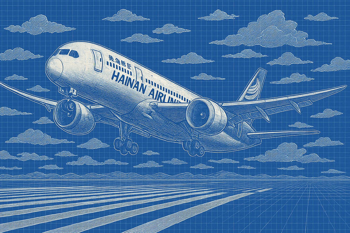 A Hainan Airlines jet lifting off a runway, "HAINAN AIRLINES" along the fuselage.