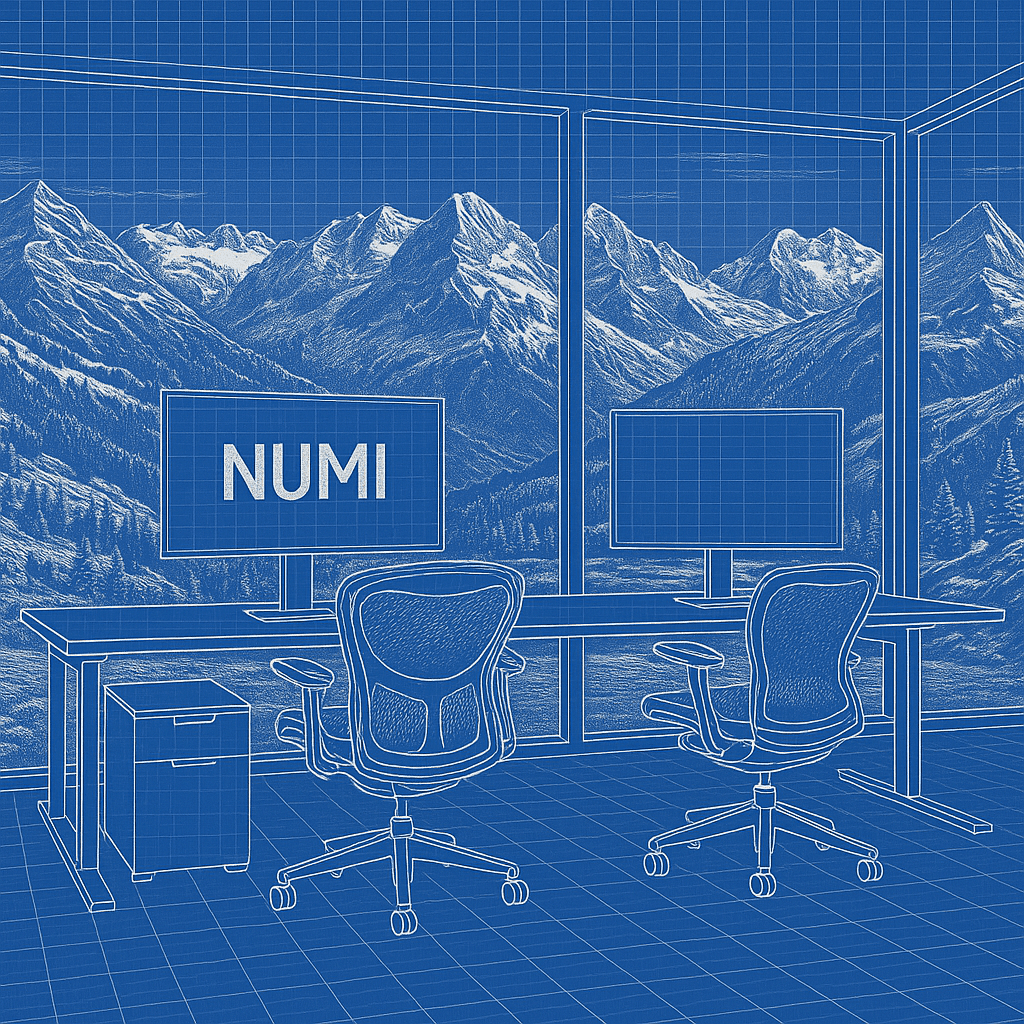 An office with two desks facing a mountain range through a glass wall; one monitor reads "NUMI".